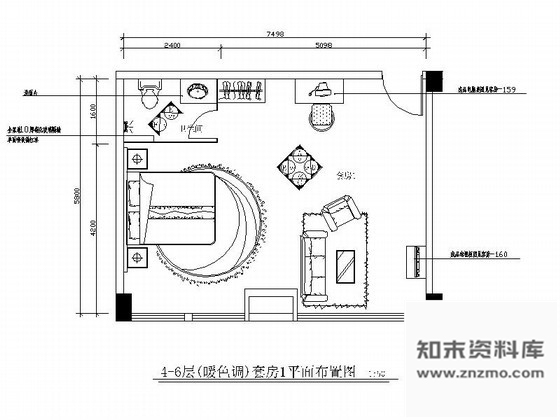 施工图暖色酒店双人床套房装修图