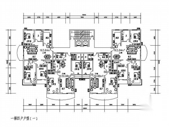 某塔式高层住宅一梯四户户型图（150/160）