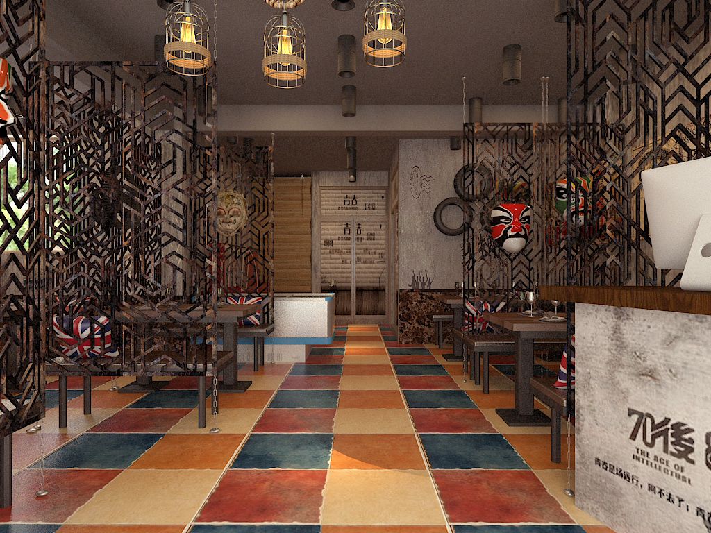 工业风格烧烤店 桌椅组合  吊灯 前台