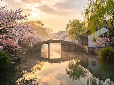 户外HDR 樱花 古建筑 江南小镇 石拱桥 柳树