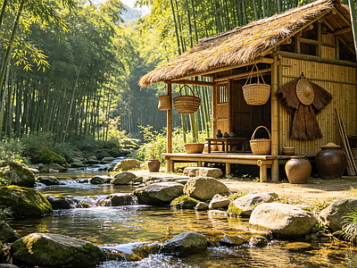 户外HDR 小溪 竹林 竹屋