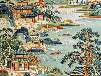 中式刺绣 中式刺绣 山水画 中式山水画
