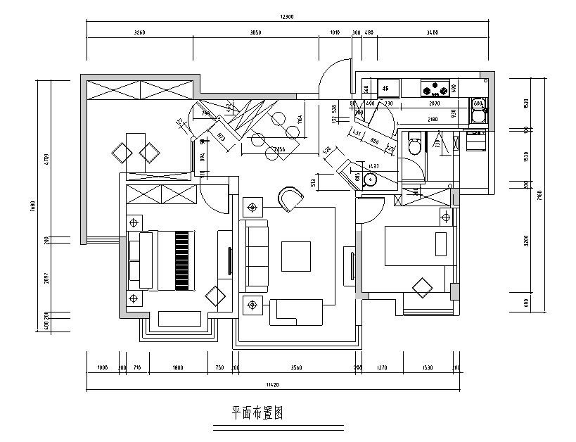 [江苏]常熟老街二居室住宅设计施工图（附效果图） 平层