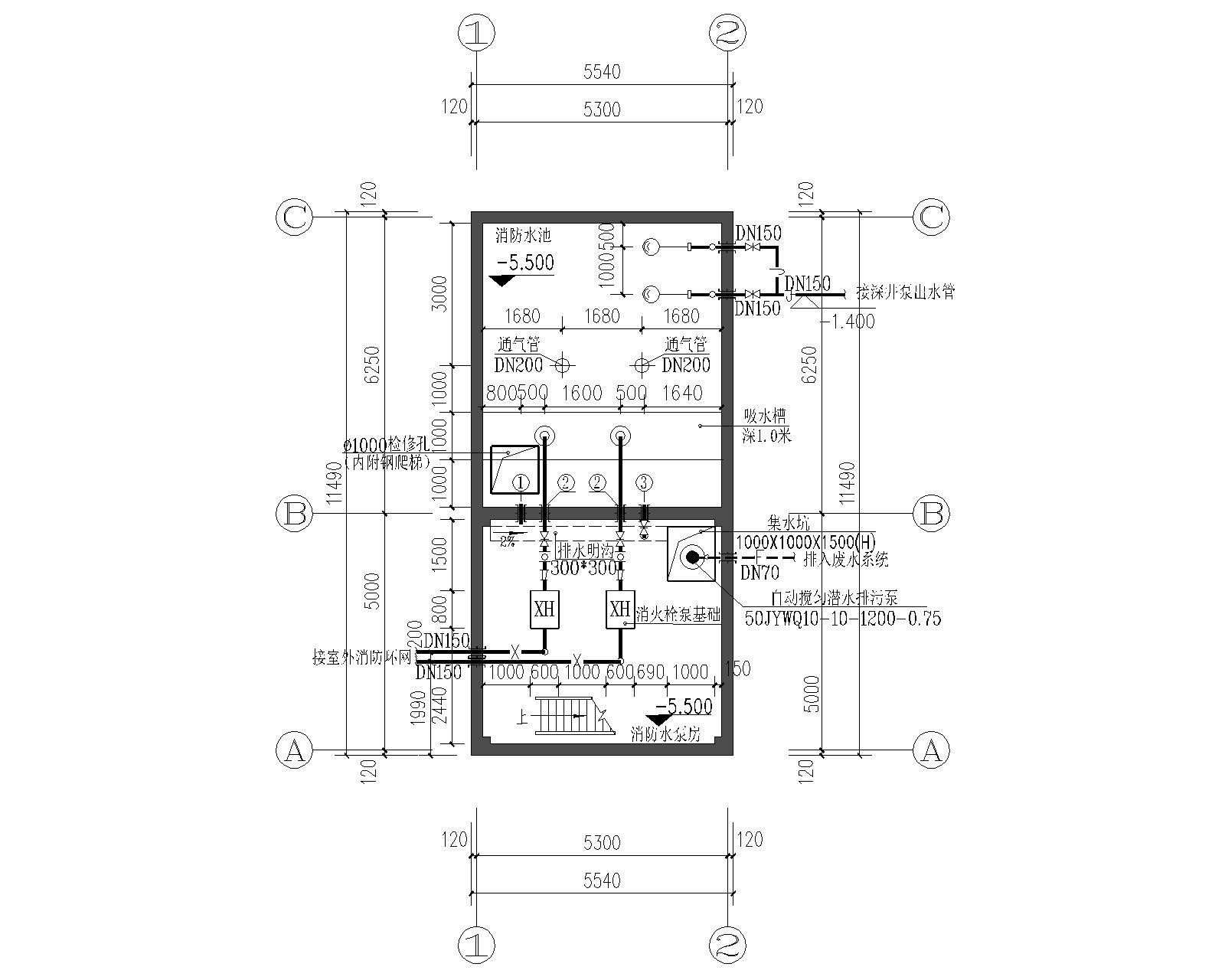 三所中学消防给排水泵房设计施工图 建筑给排水