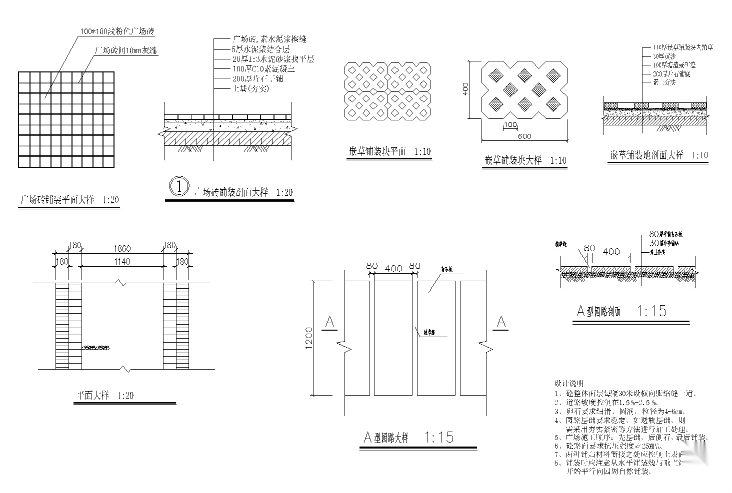 广场铺装,嵌草铺装,青石板卵路石园路施工图 地面节点