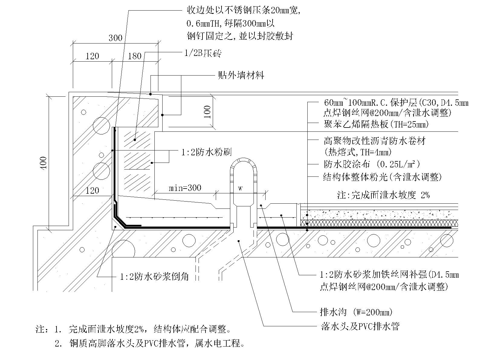 现浇屋面防水节点（屋面防水，女儿墙泛水） 建筑通用节点 建筑工程节点