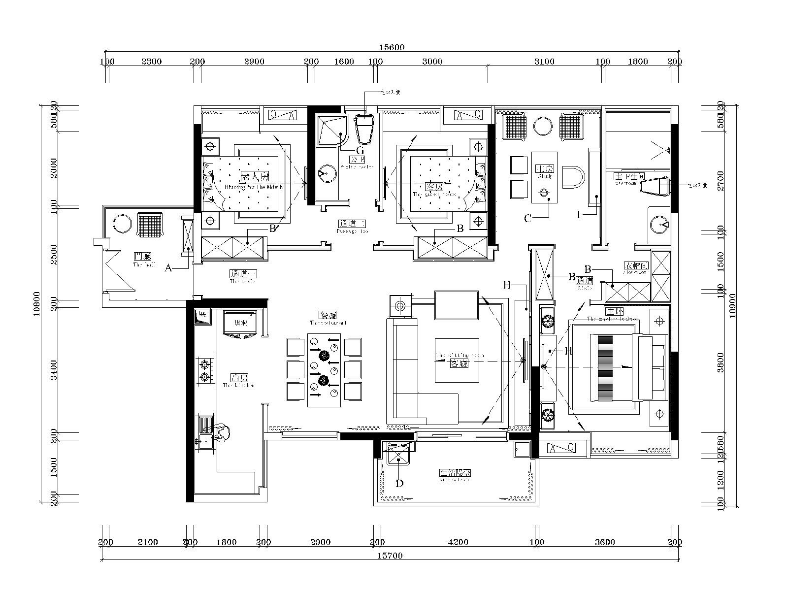 湘域中央花园现代风格A户型样板间施工图 平层