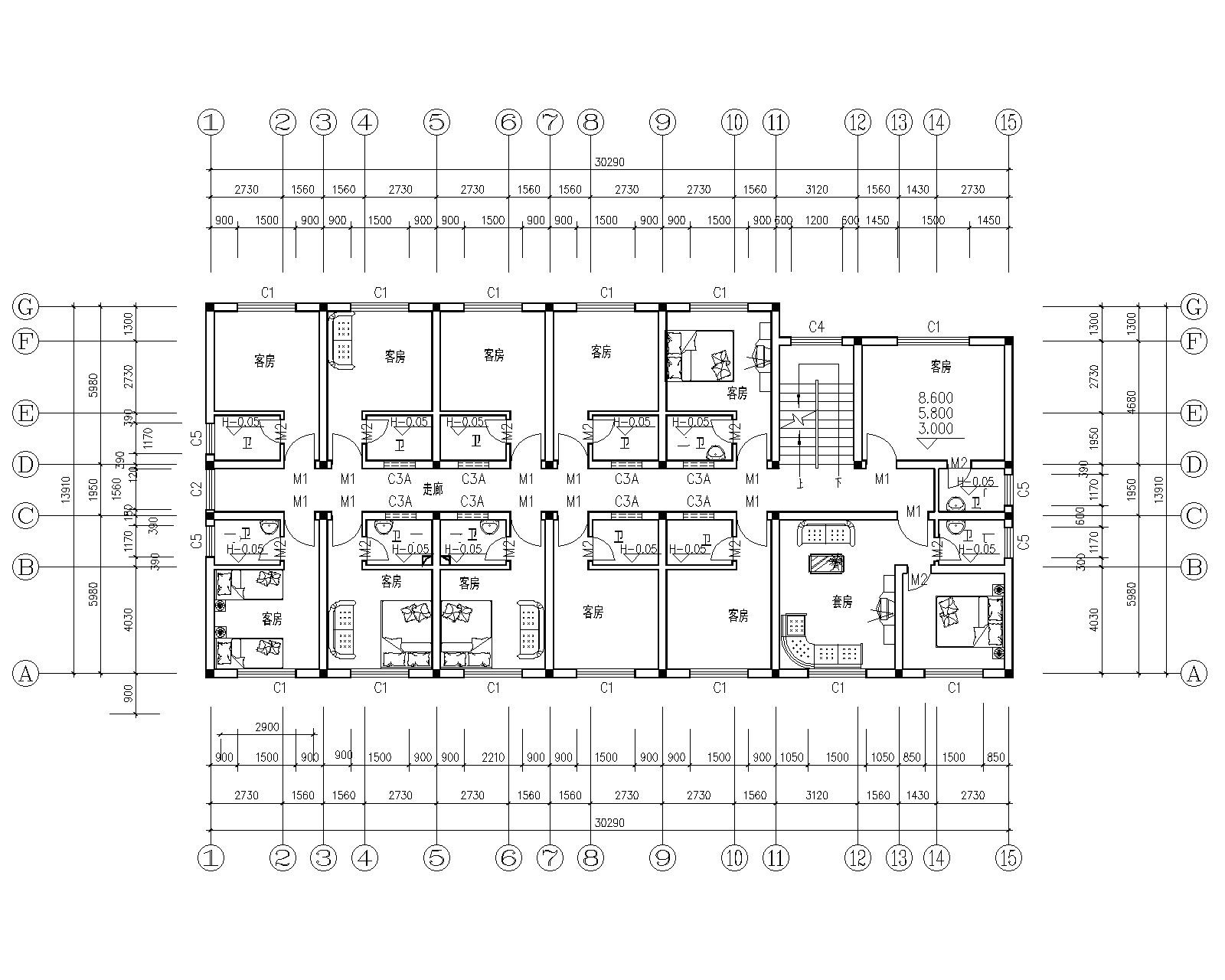 四层砖混结构宿舍公寓楼施工图（CAD）