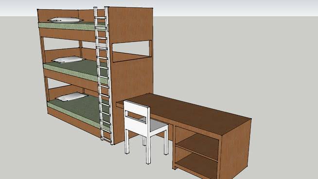 带书桌的三层床 写字台 床