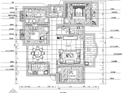 中式风格123m²二居室住宅装修施工图设计 平层