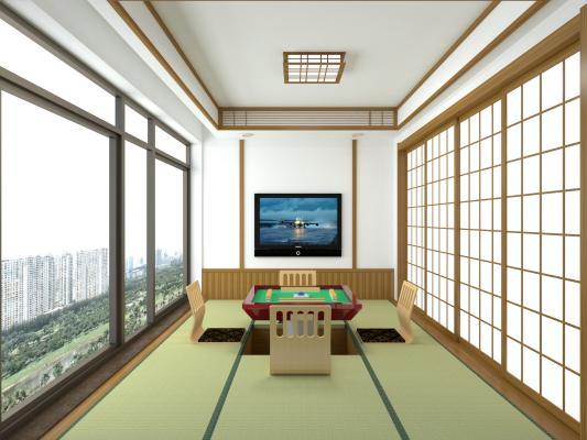 实木榻榻米麻将棋牌室 非常精细的渲染 卧室 障子门 和室灯