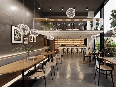 现代咖啡店 备餐区 单层 收银前台 休息区