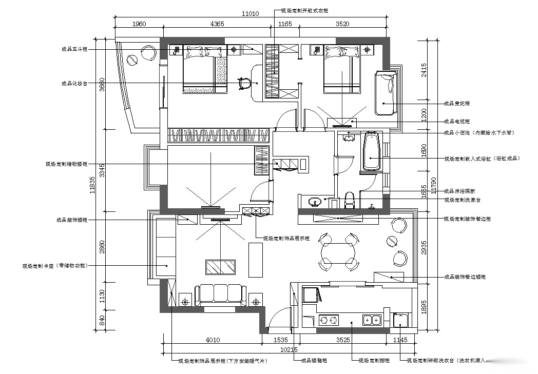 某中式风格三居室住宅室内设计施工图（含效果图） 平层