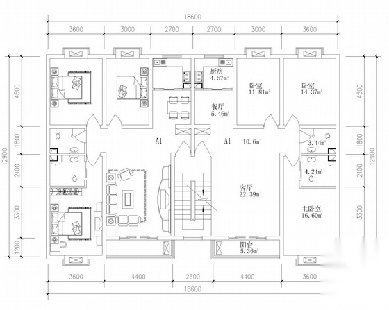 板式多层一梯两户户型图(121/121)