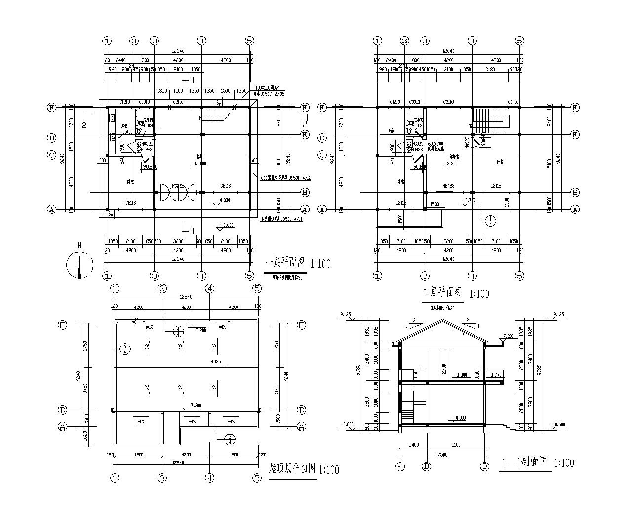 二层坡屋顶别墅砖混结构施工图（CAD）