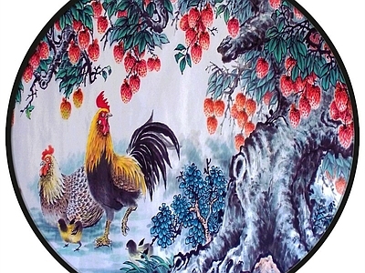 新中式圆形装饰画大吉大利 中式山水画