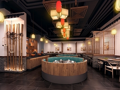 中式餐厅烧烤店 圆形卡座 青石板地砖