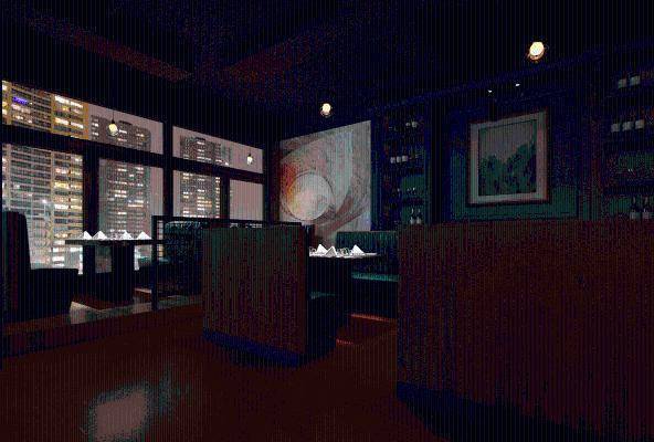 现代西餐厅 过道 就餐区 取餐区 椅 鸟笼灯