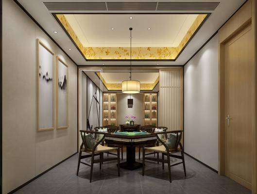 新中式茶室 棋牌室 麻将桌 挂画