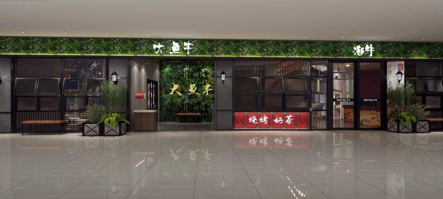 工业风花店门头 餐厅火锅店 美发烧烤店绿植墙外摆条凳商场