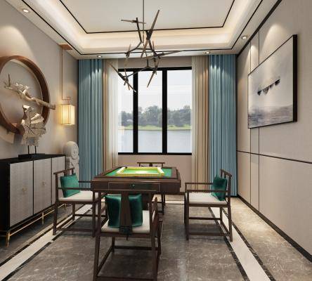 新中式棋牌室 麻将桌 吊灯 边柜 墙饰