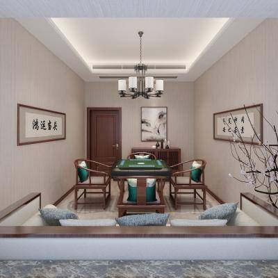 新中式棋牌室 书法 挂画 中式座椅