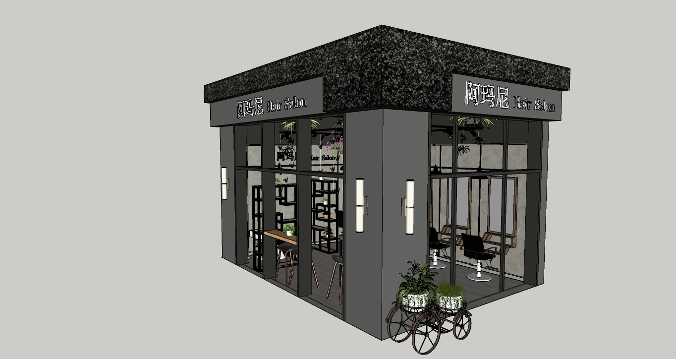 理发店   网红理发店  门头  loft理发店  隔断柜  植物吊灯