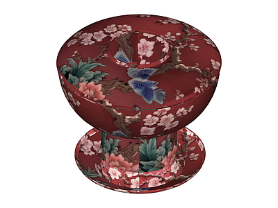 红色花鸟纹高足盖碗
