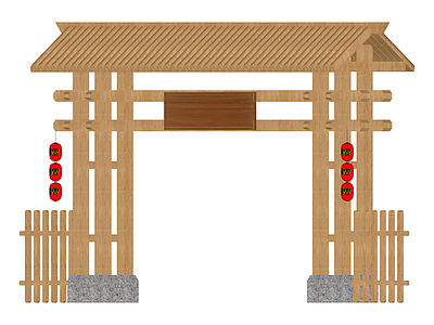 带围栏灯笼木质门楼