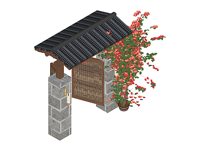 日式石墙木门花架