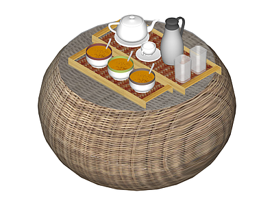 藤编圆凳茶盘组合
