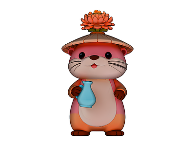 戴斗笠持瓶水獭雕塑