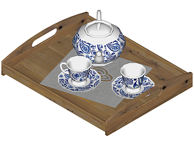 蓝白花纹茶具托盘组合