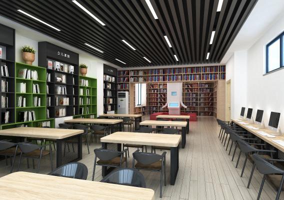 现代小学阅览室 图书室  现代图书馆 阅览室 书吧 图书室休息区 书架