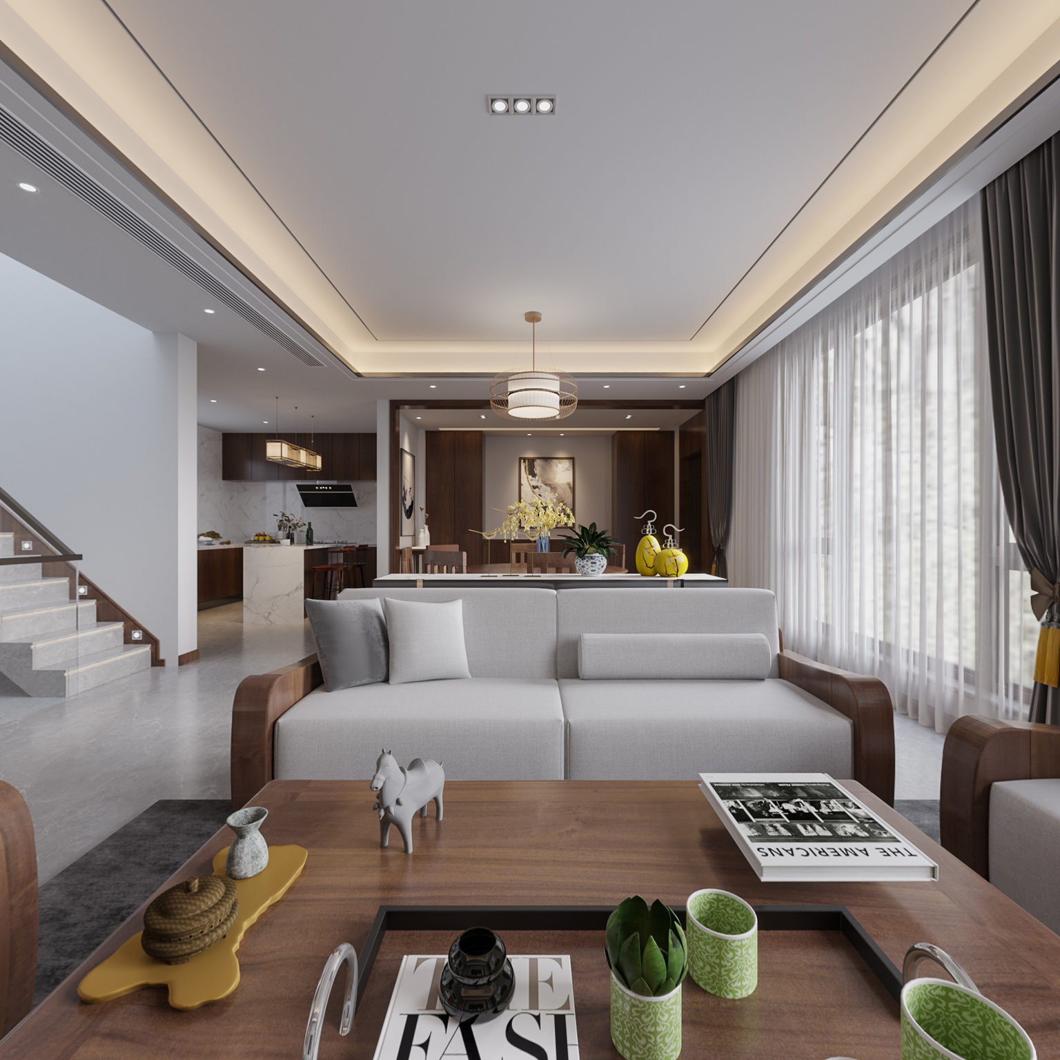 全景新中式客餐厅 新中式别墅 电梯 鱼缸 楼梯