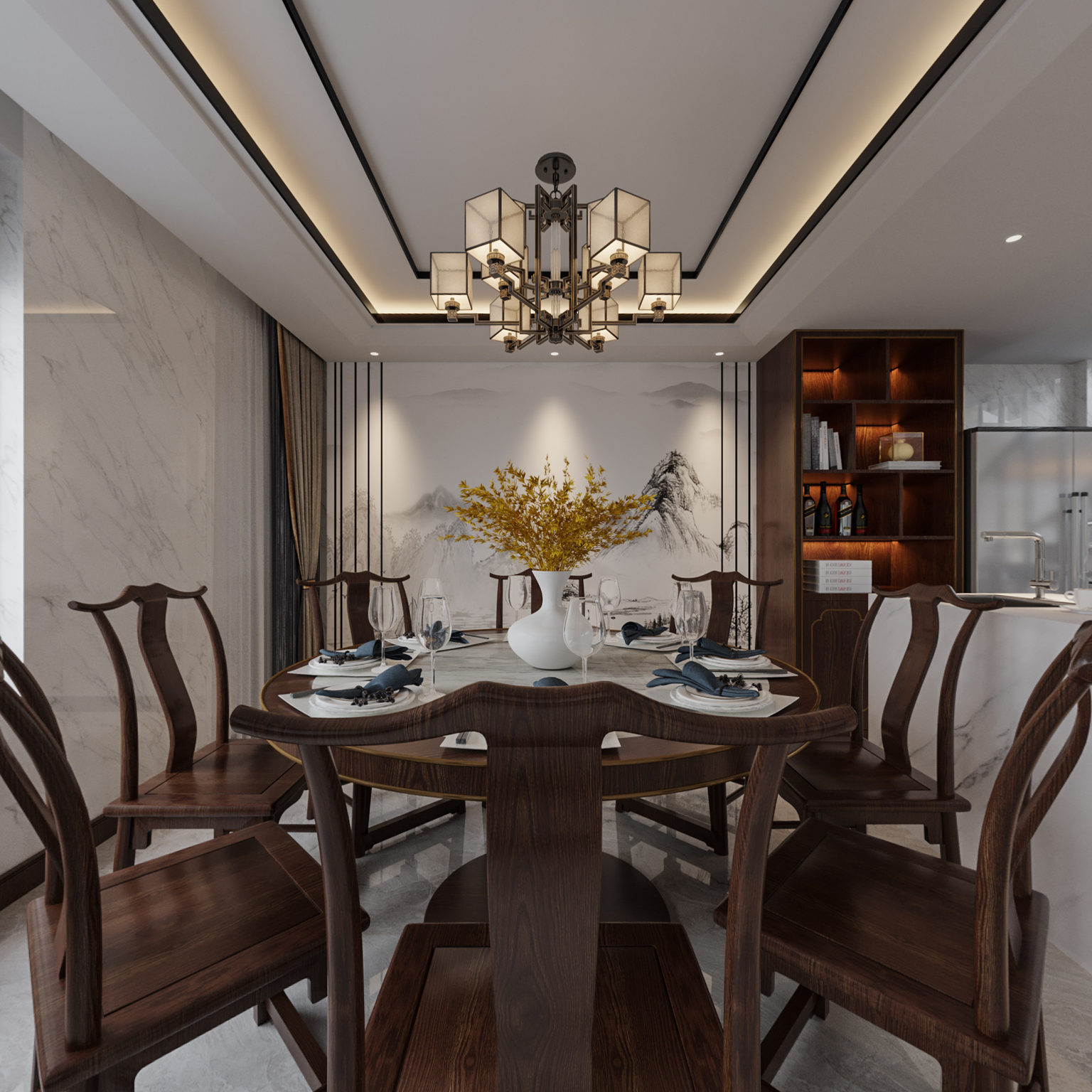 全景新中式客餐厅 新中式别墅 电梯 楼梯 鱼缸
