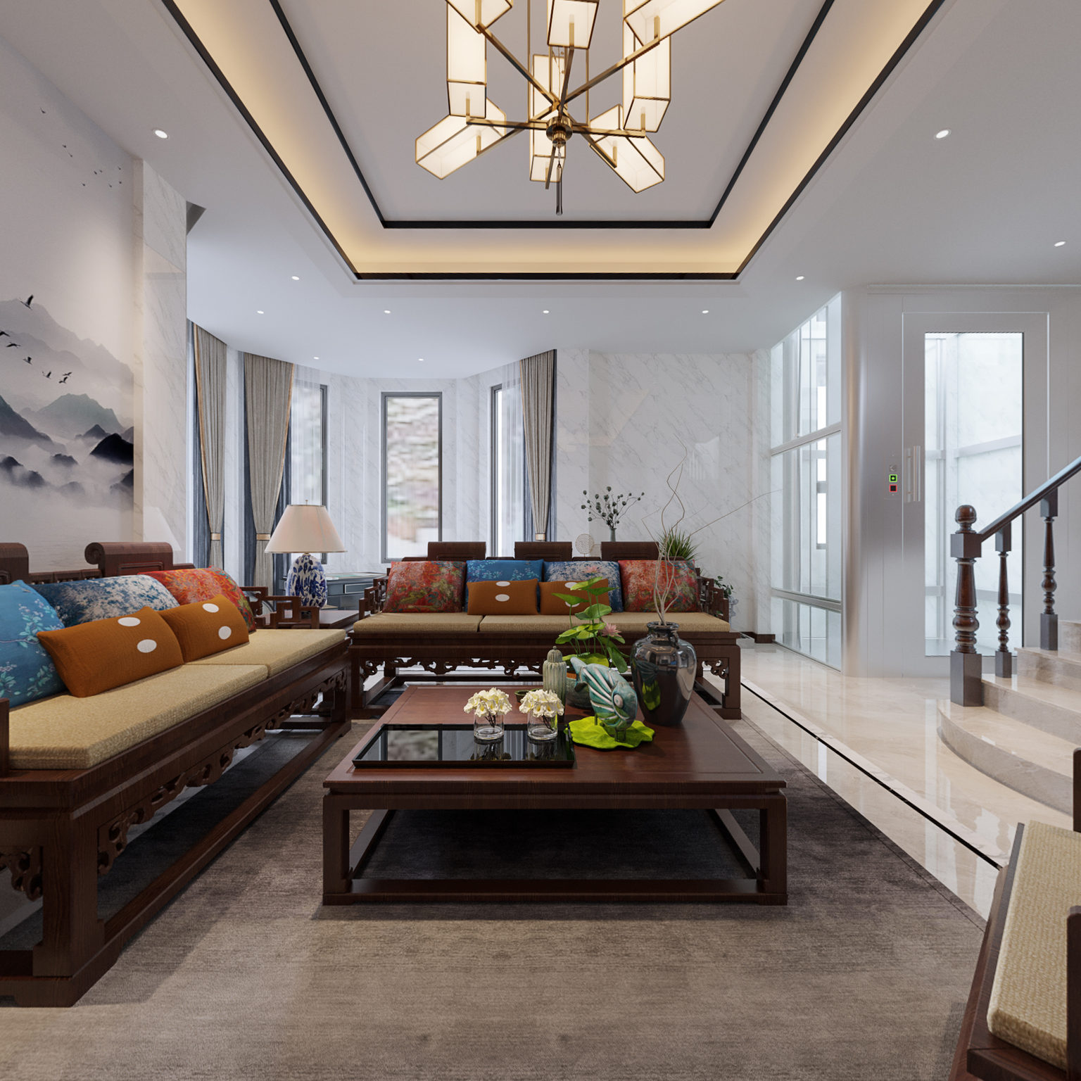 全景新中式别墅客餐厅 新中式餐厅 电梯 楼梯