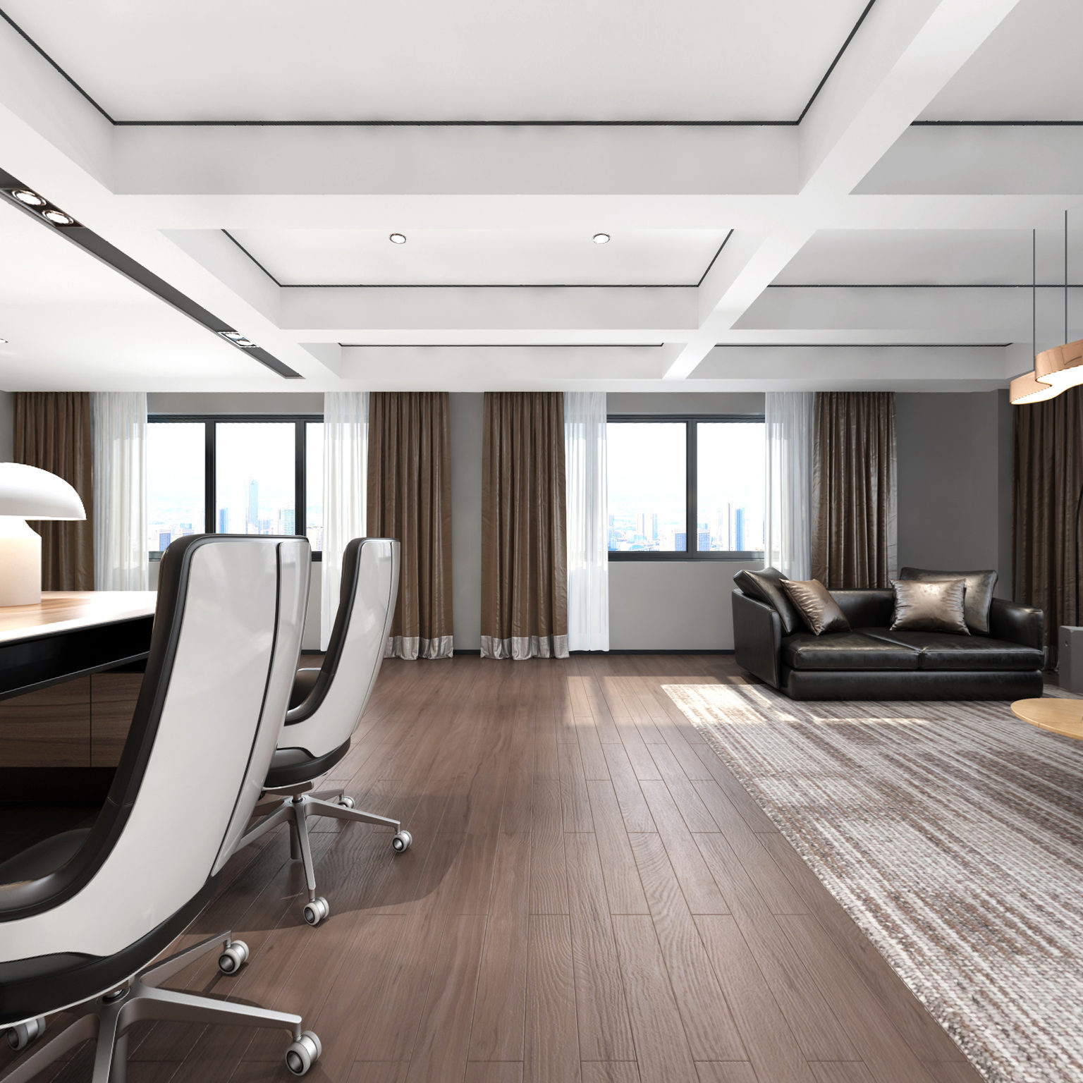 全景现代办公室 办公桌椅 书架 皮革沙发 茶几 鱼缸 吊灯 盆景 落地灯
