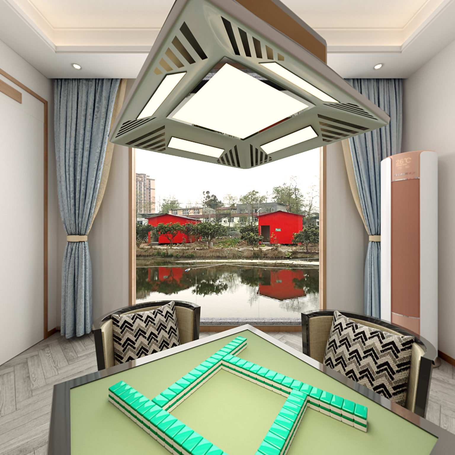 全景新中式娱乐室 棋牌室 麻将桌