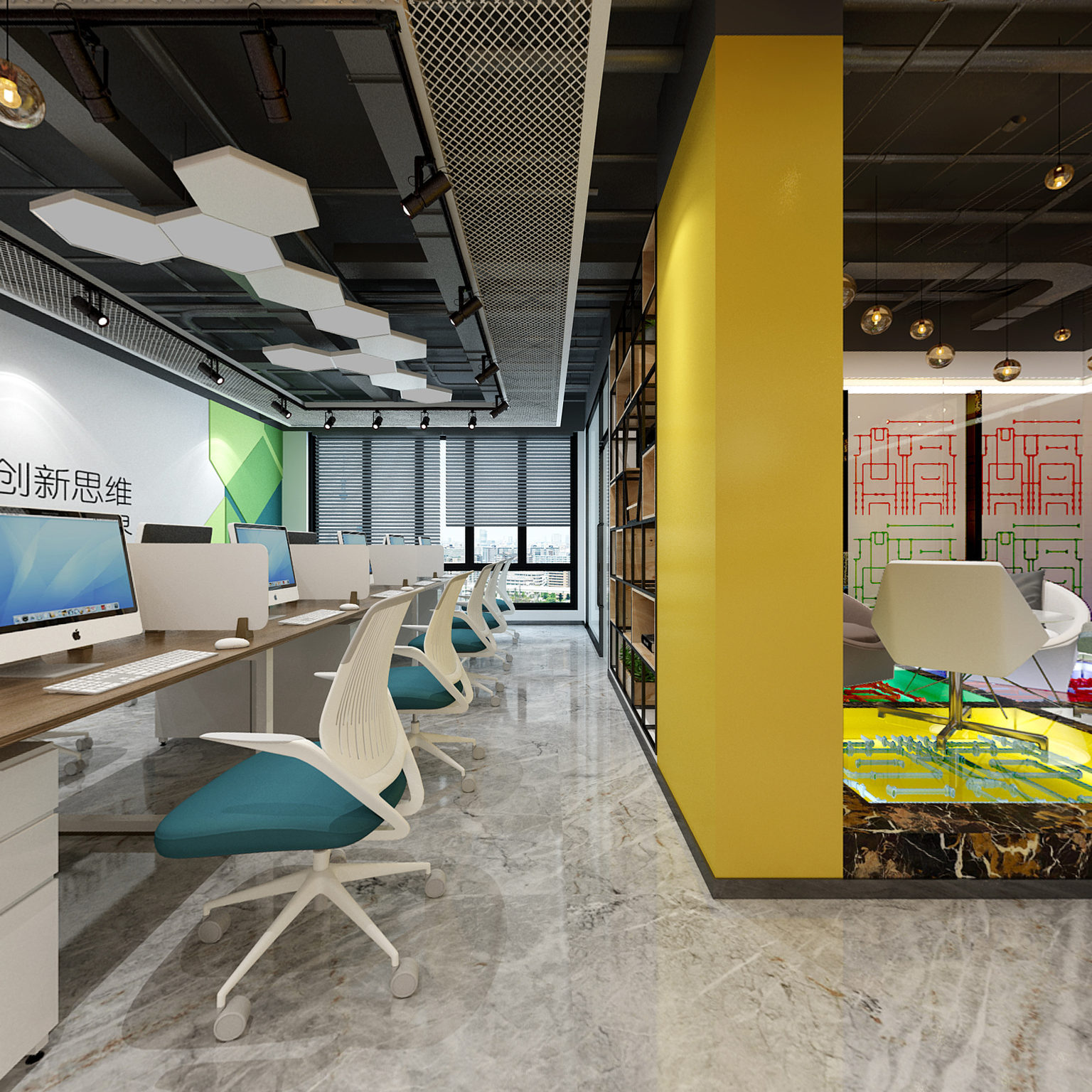 全景现代办公室 展示区 前台 石材木材展示 吊灯展示