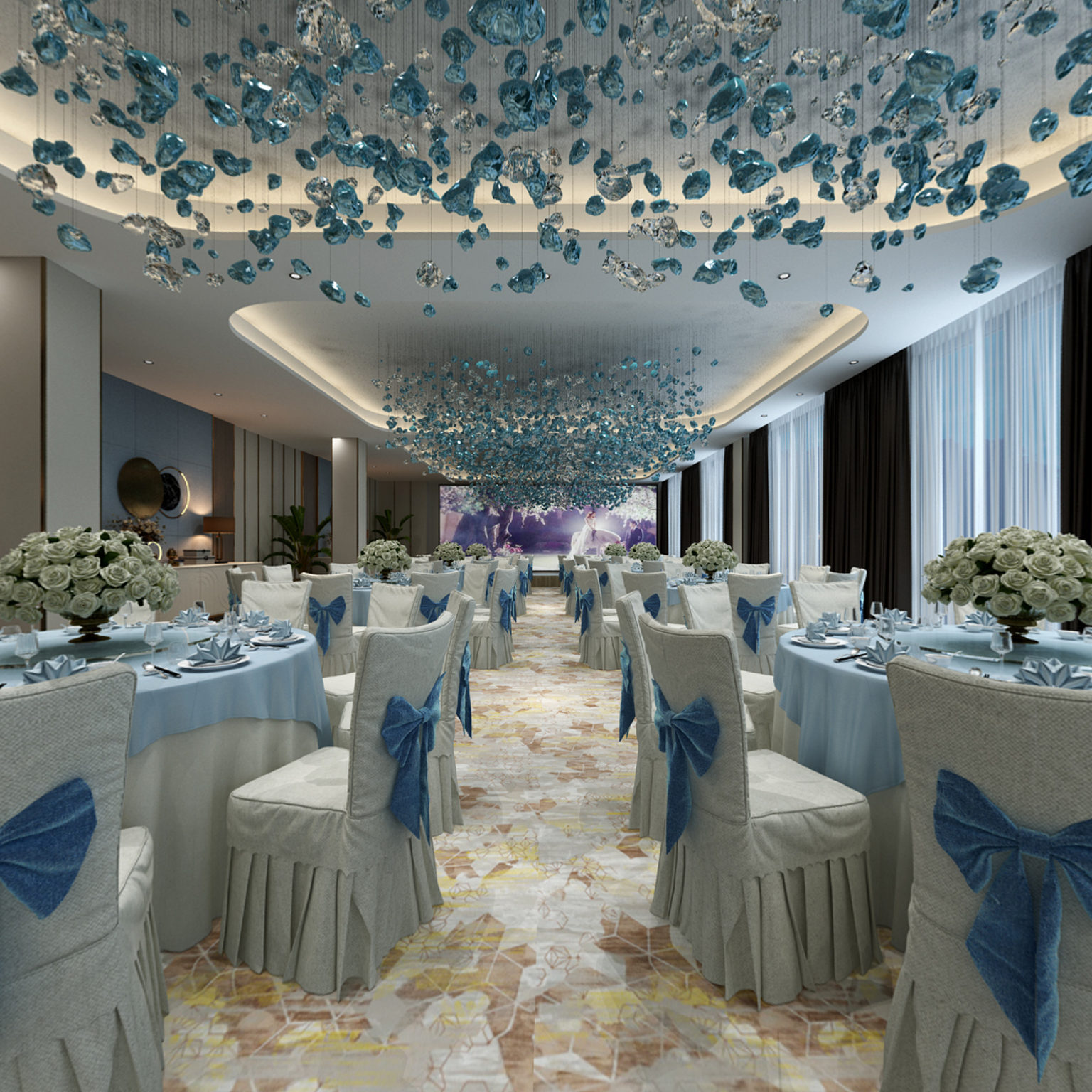 全景现代宴会厅 吊灯 餐桌 盆栽