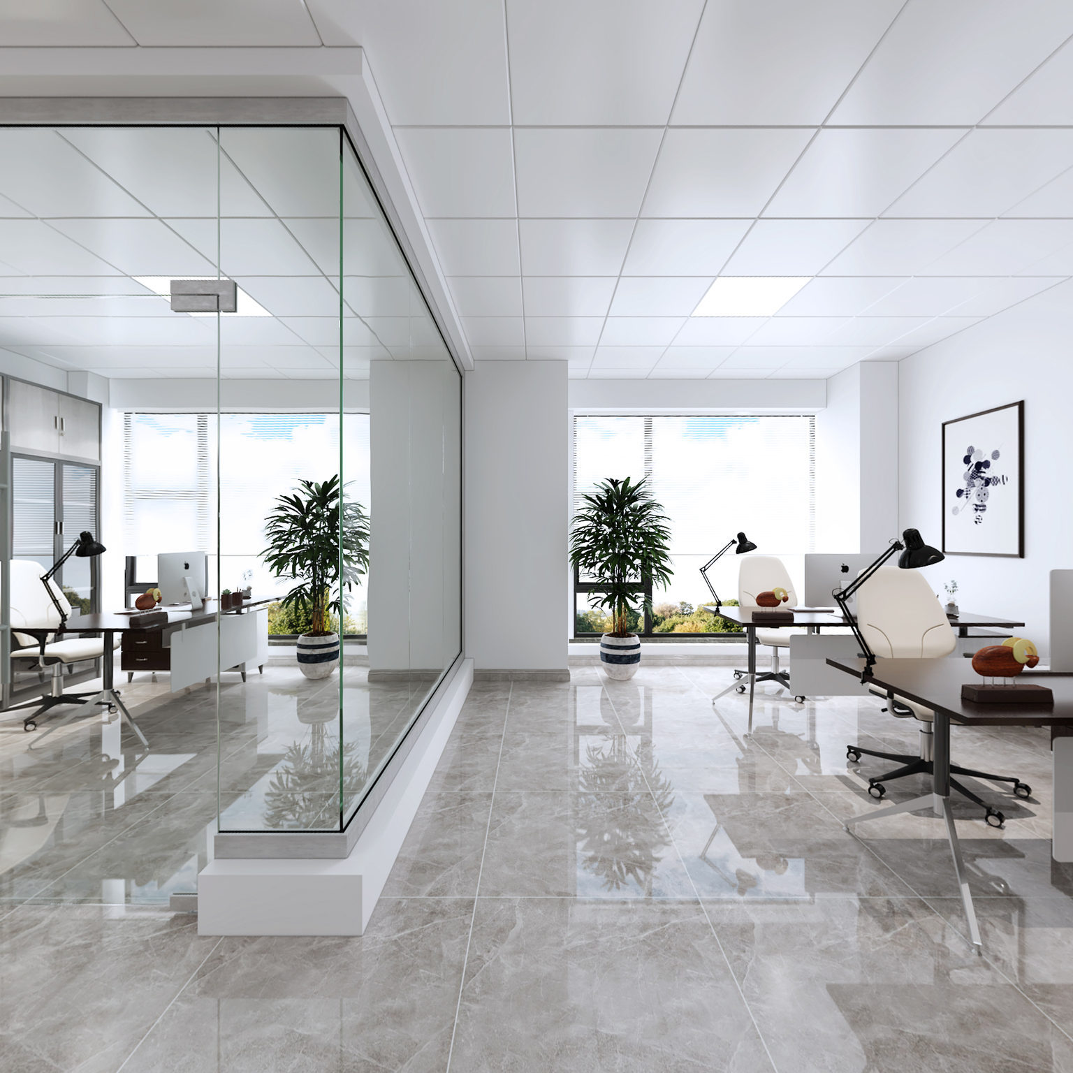 全景现代风格办公室 玻璃隔断 桌椅 文件柜