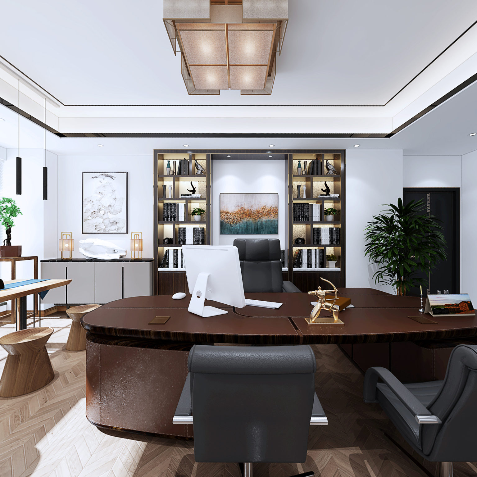 全景现代风格办公室 休闲沙发 办公桌 盆栽 挂画