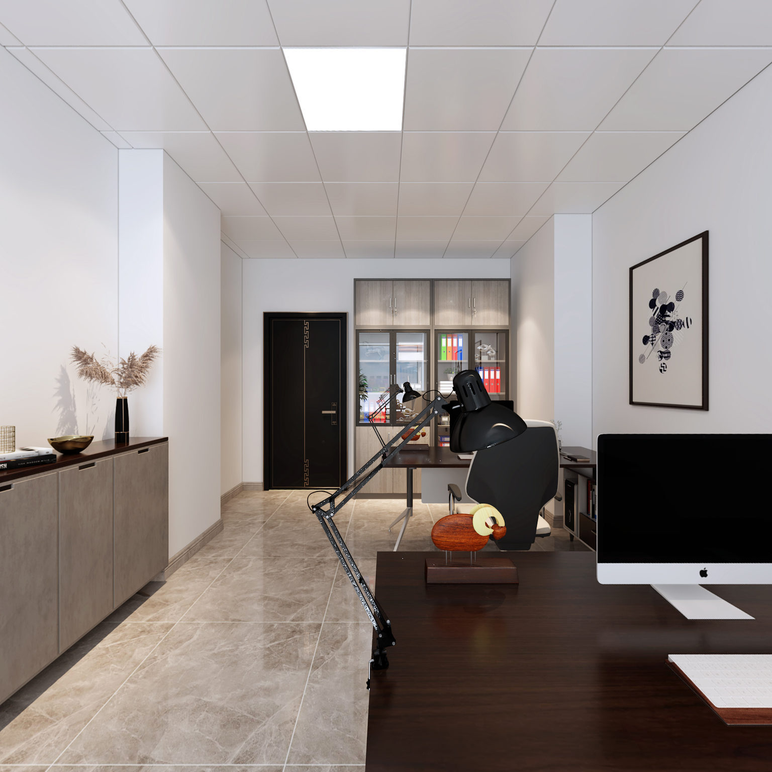 全景现代风格办公室 办公桌椅 文件柜 边柜 绿植盆栽 挂画