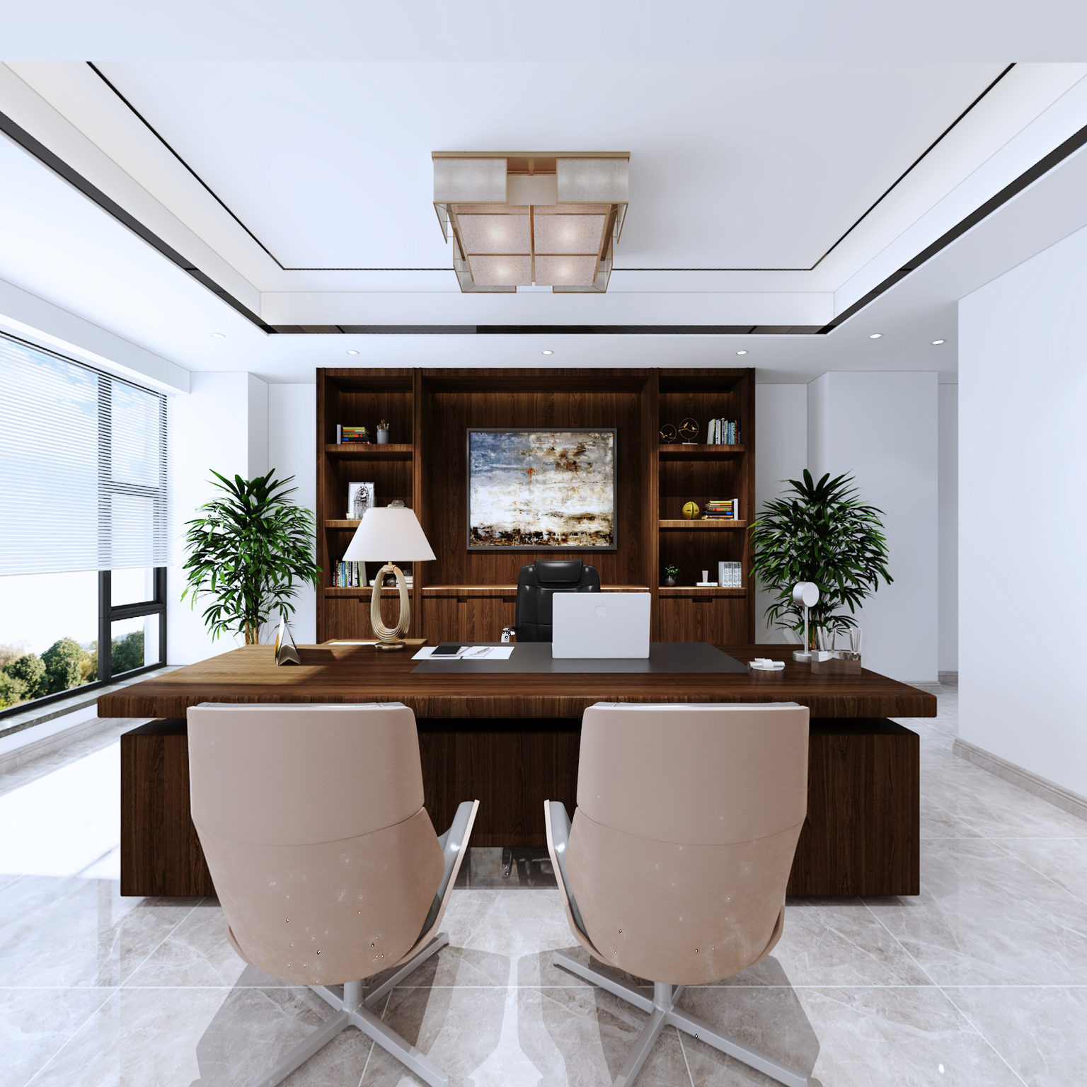 全景现代风格办公室 办公桌椅 沙发 盆栽 挂画