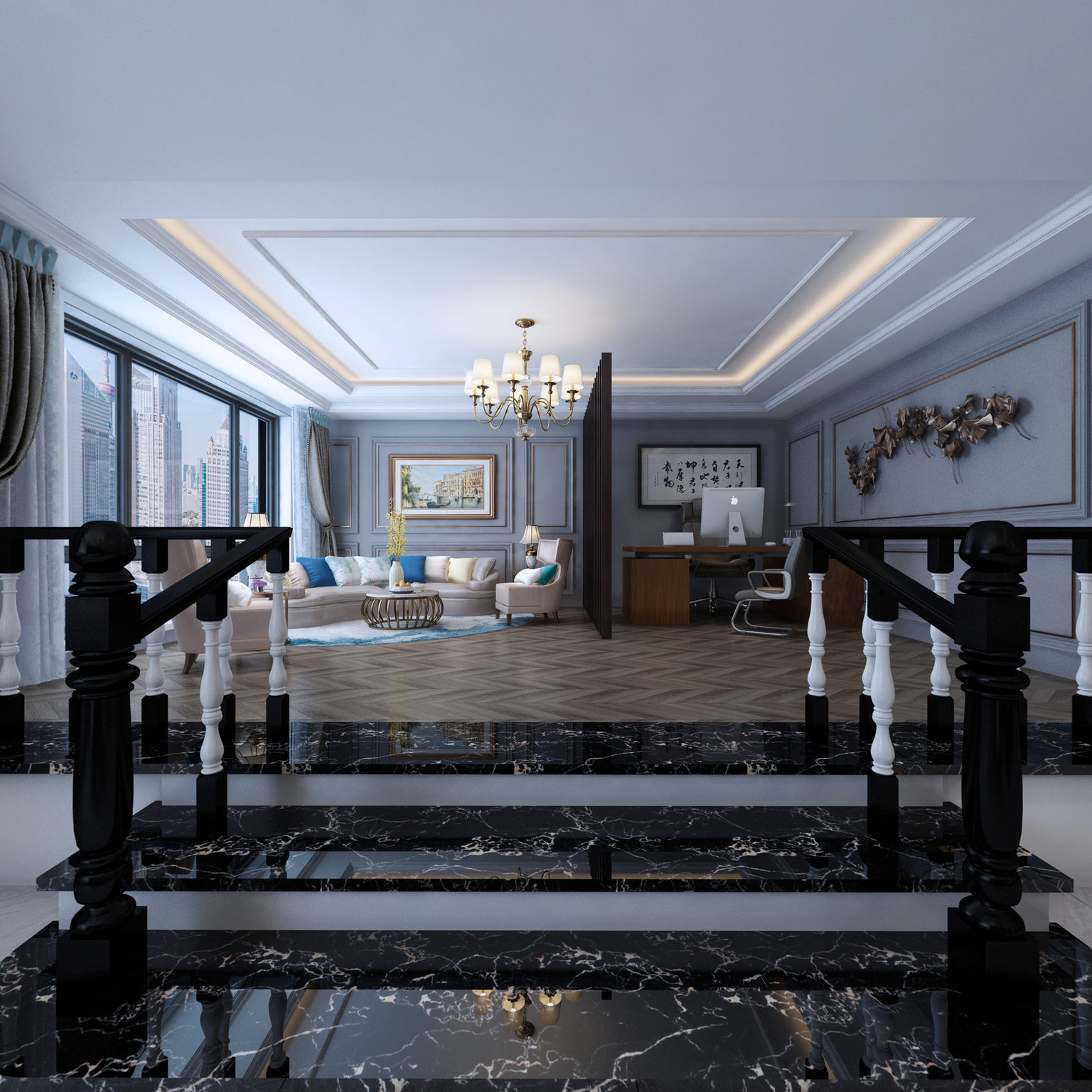 全景欧式办公室 窗帘 酒柜 文件柜 办公桌