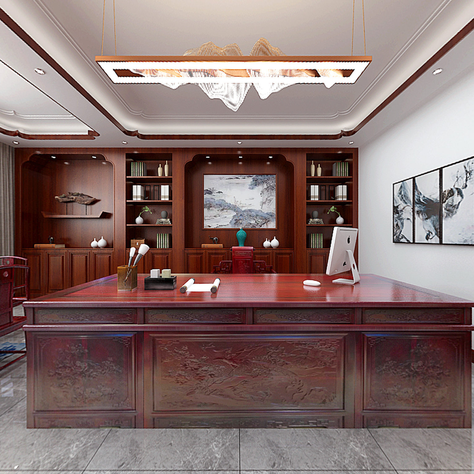 全景新中式红木办公室 沙发 书柜 办公桌