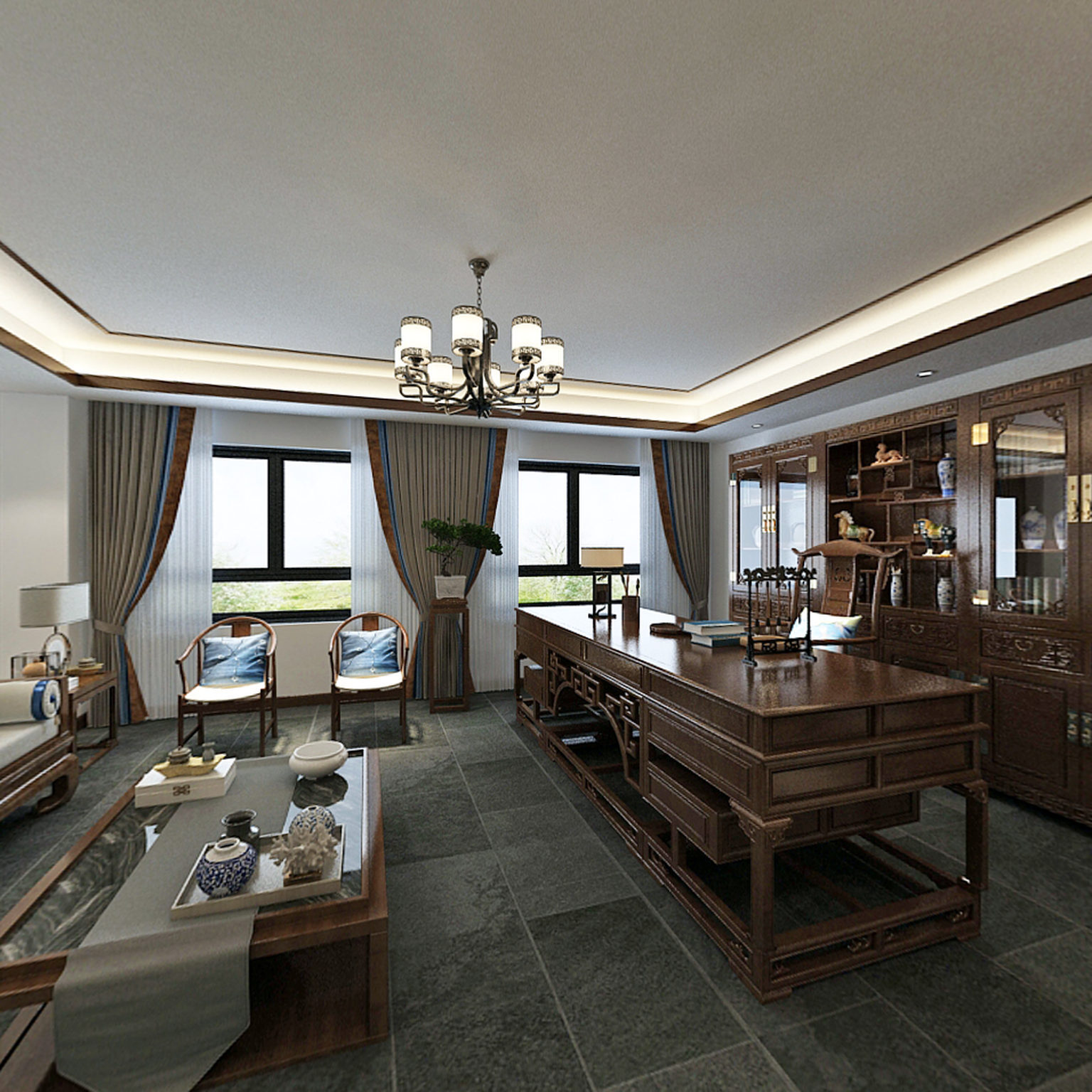 全景新中式办公室 茶室 接待室