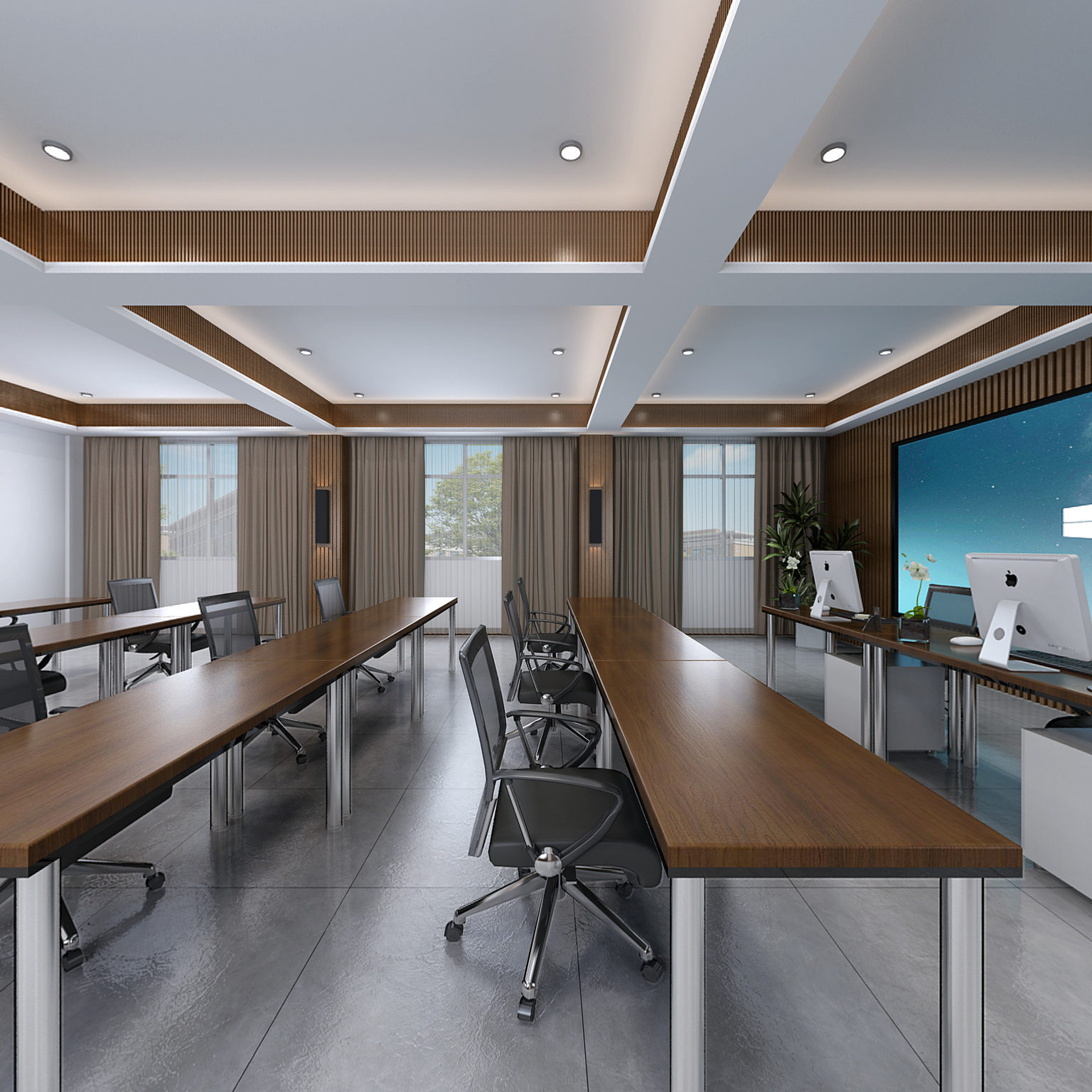 全景现代办公室 办公桌椅 讲台