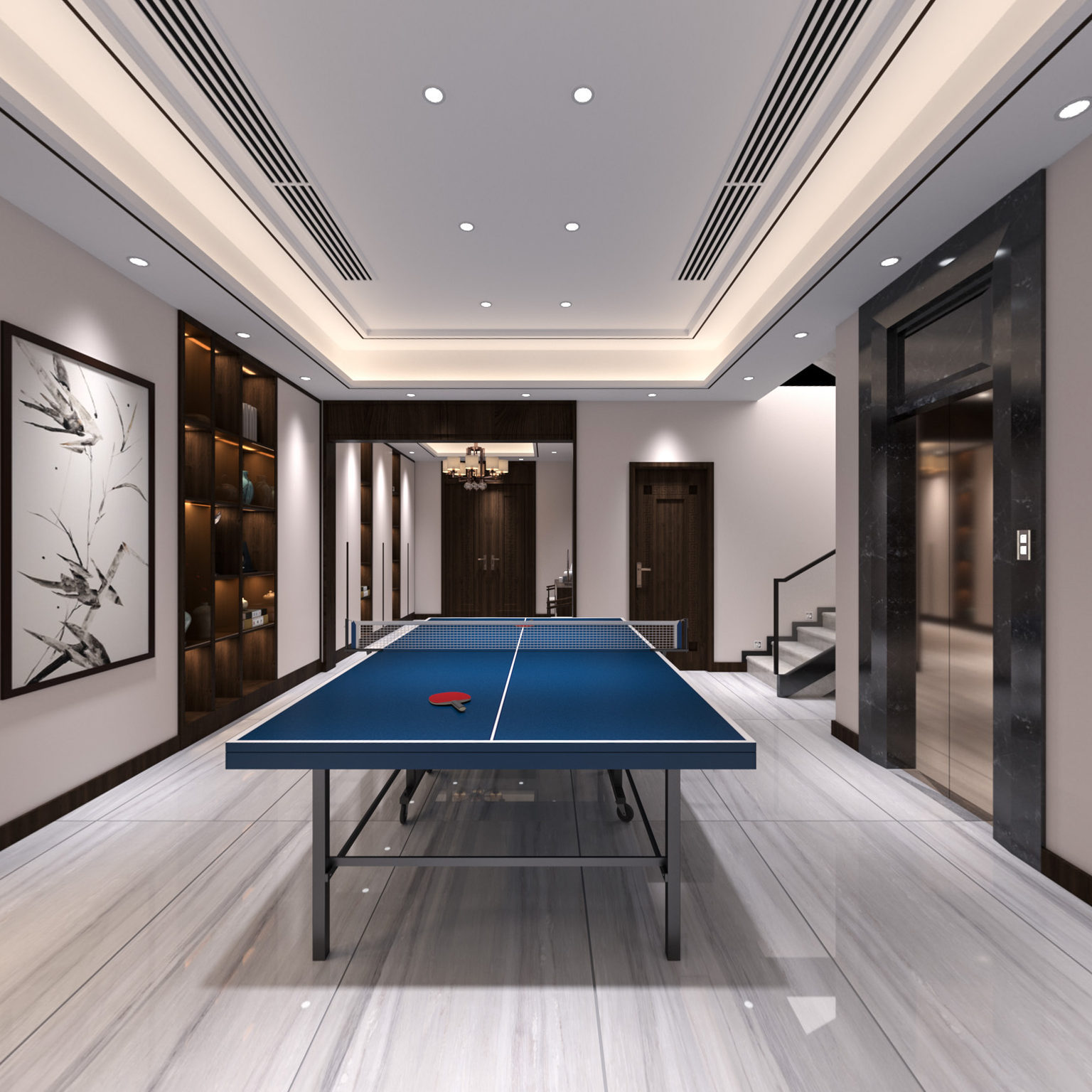 全景新中式玄关 品茶区 健身区 沙发 电梯 文化石